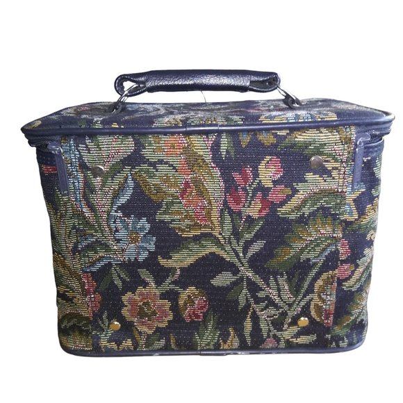 VTG Jordache Floral Tapestry Makeup Bag Green Leaf Travel Tote with Handle - Picture 2 of 15